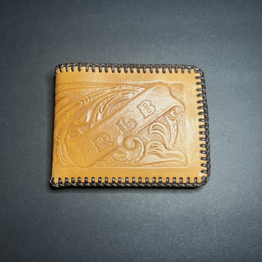 Men's Genuine Leather Hand Tooled Floral RLB Monogram Whipstitch BiFold Wallet